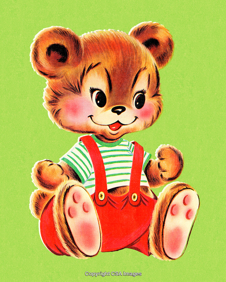 Adorable Cartoon Bear in Red Overalls on Green Background
