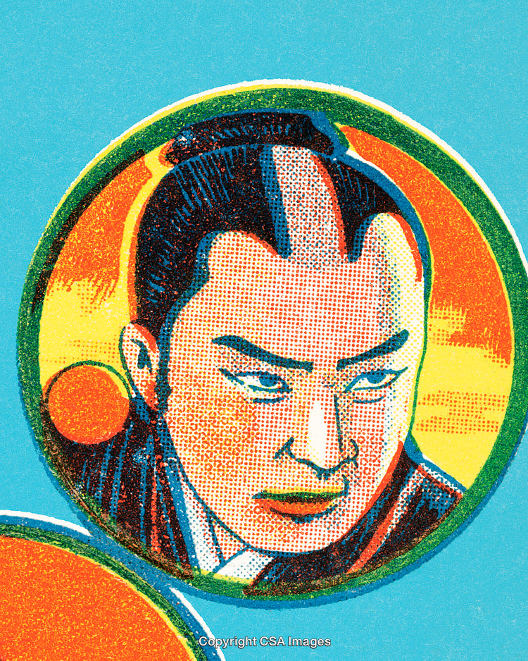 Colorful Illustration Featuring a Classical Styled Portrait with Halftone Effect