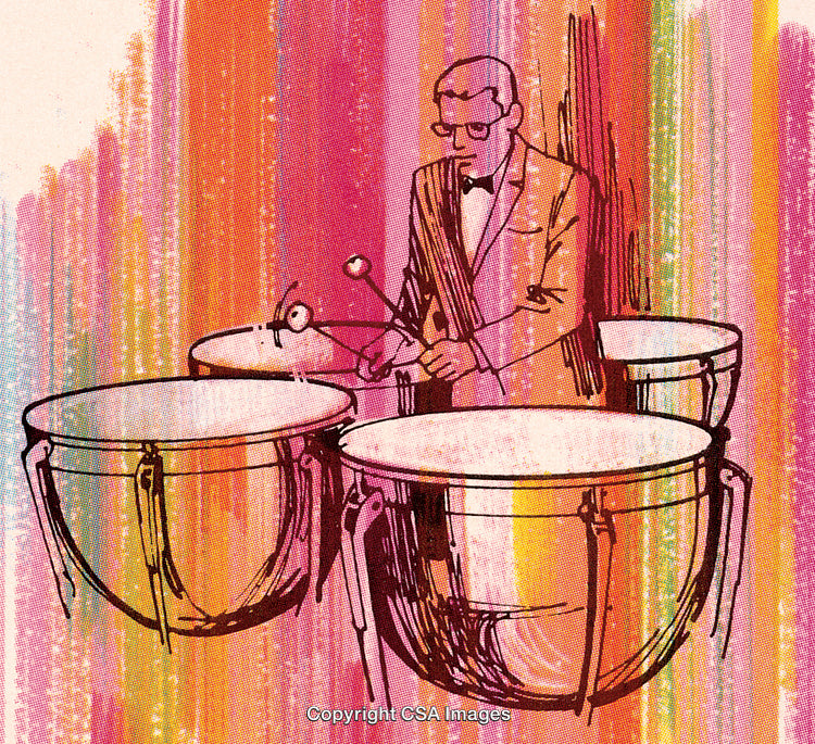 Illustration of Musician Playing Timpani Drums with Vibrant Multicolor Background