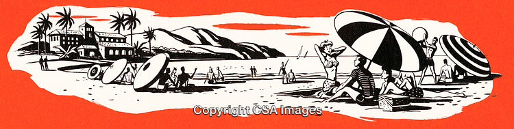 Illustrated Coastal Beach Scene with Relaxing People and Tropical Atmosphere