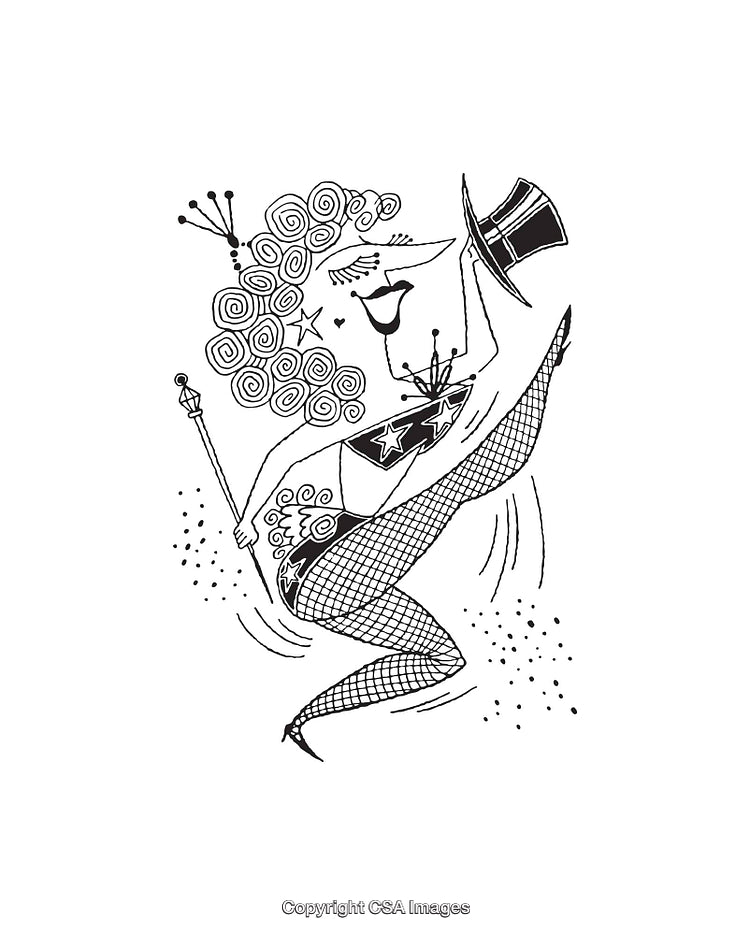 Energetic Showgirl Performing in Black and White Line Art Illustration