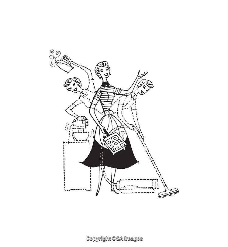 Retro Illustration Depicting Multitasking Housewife Performing Household Chores