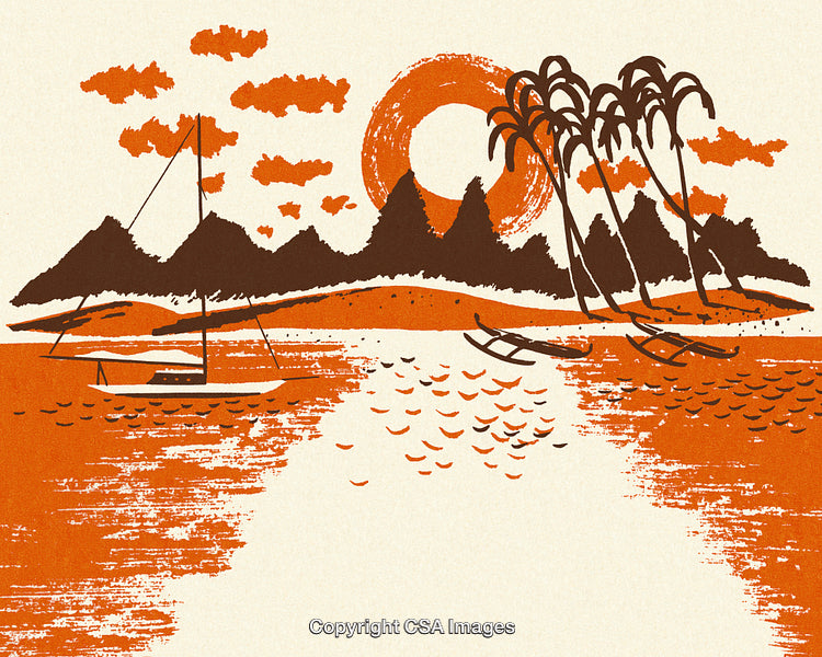 Rustic Landscape Illustration of Boats, Island, and Palm Trees on a Serene Coast