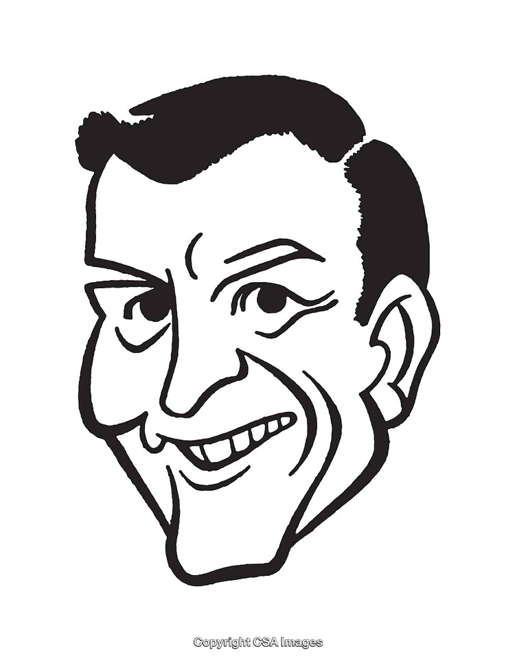 Black and White Caricature Line Art of a Smiling Man