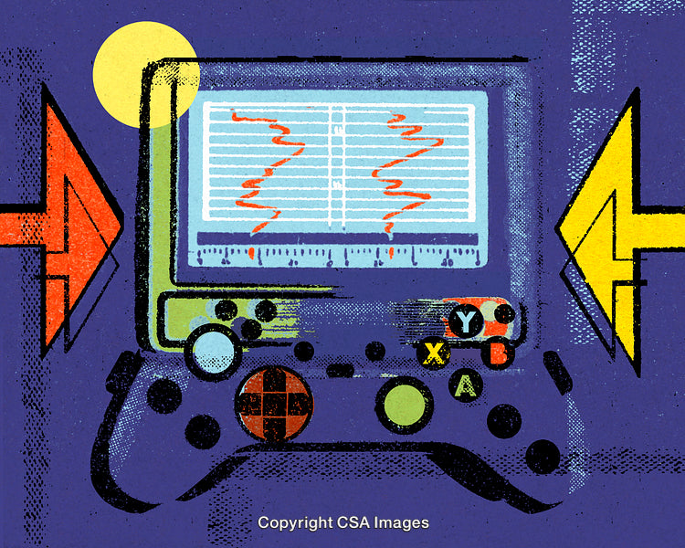 Retro Style Illustration of a Game Controller with Graphical Elements