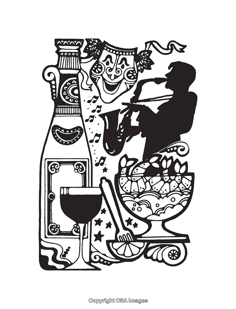 Black and White Line Art of Festive Celebration with Music and Drinks