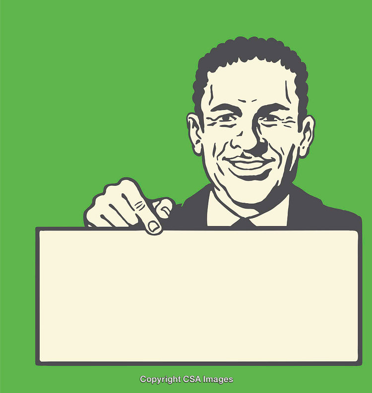 Retro Styled Businessman Holding a Blank Sign on Green Background Illustration