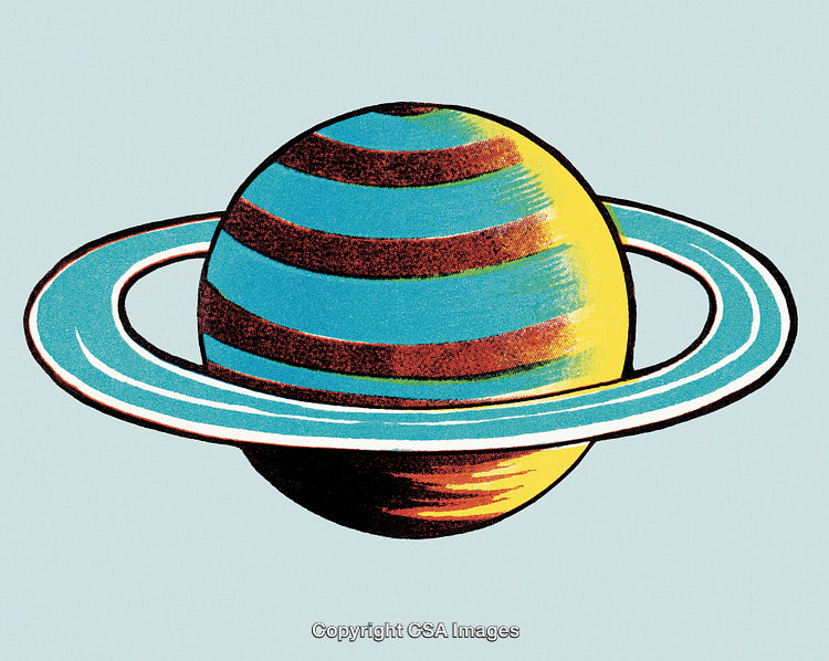 Stylized Illustration of a Planet with Rings in a Retro Art Style