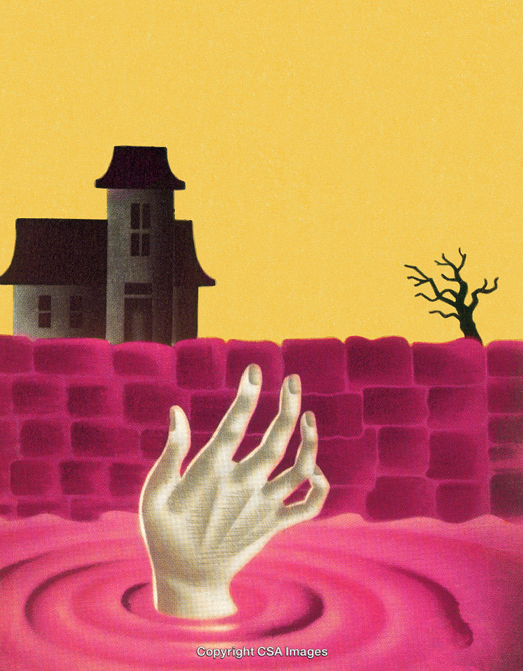 Surreal Illustration with Haunted House and Hand Emerging from Liquid Pool
