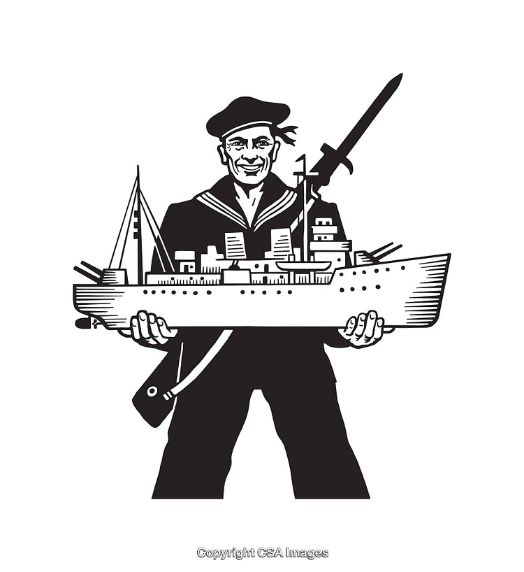 Vintage Line Art of a Sailor Holding a Warship Model