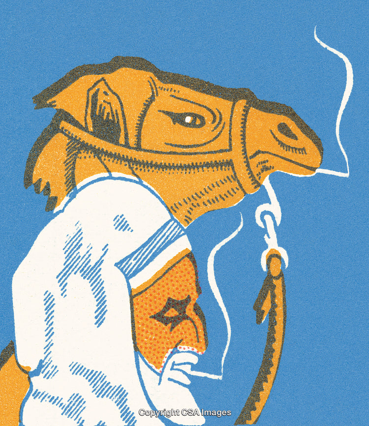Colorful Illustration of Man and Camel with Blue Background
