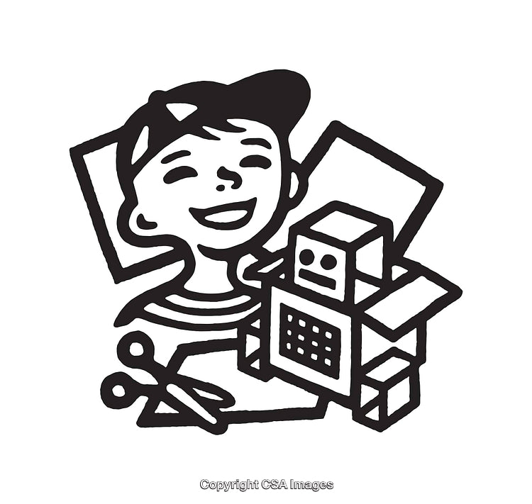 Black And White Line Art Featuring a Smiling Child With Craft Supplies