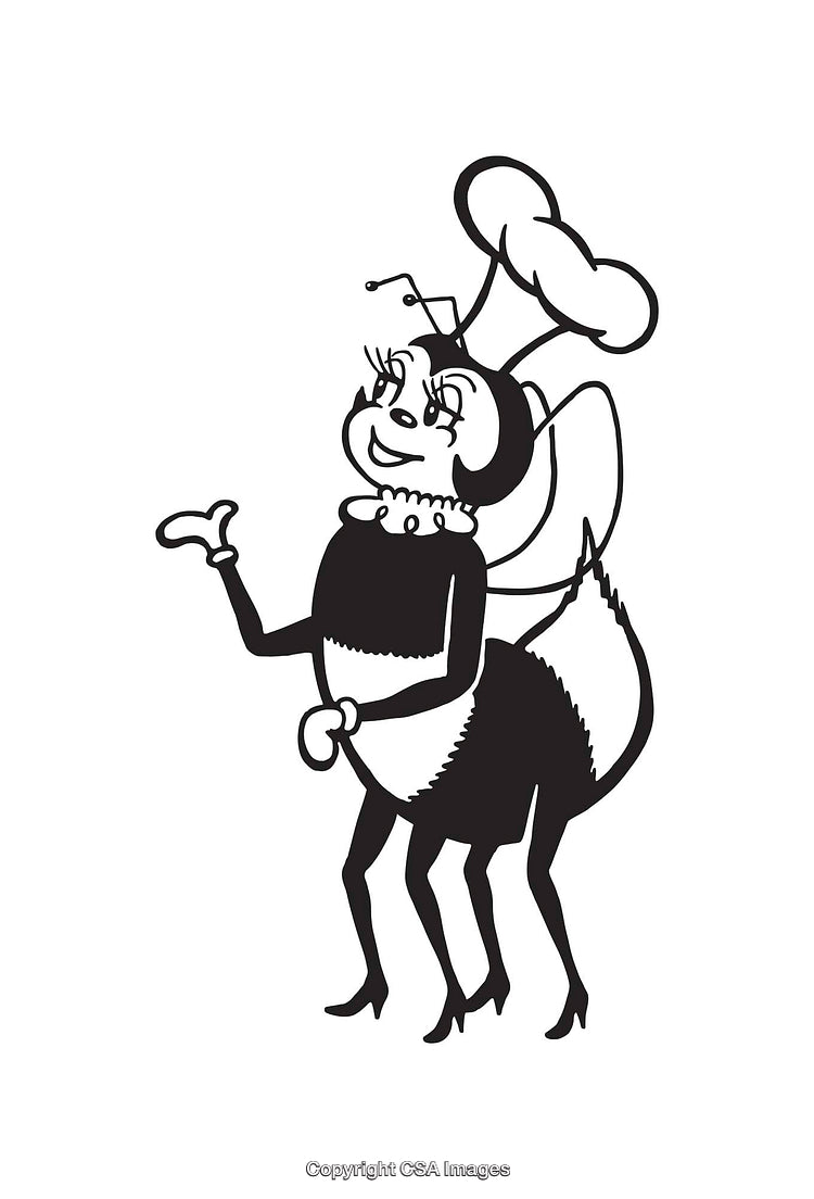 Black and White Line Art of a Happy Bee Cartoon Character