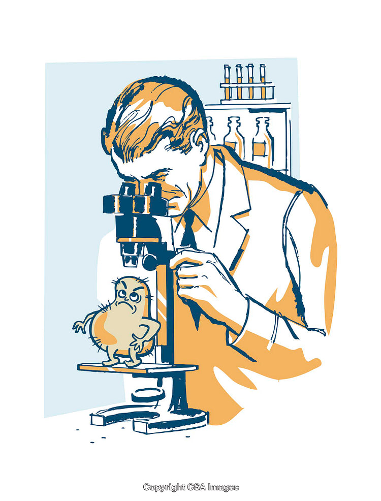 Scientist Observing Illustrated Microbe Creature Under a Microscope in Lab Setting