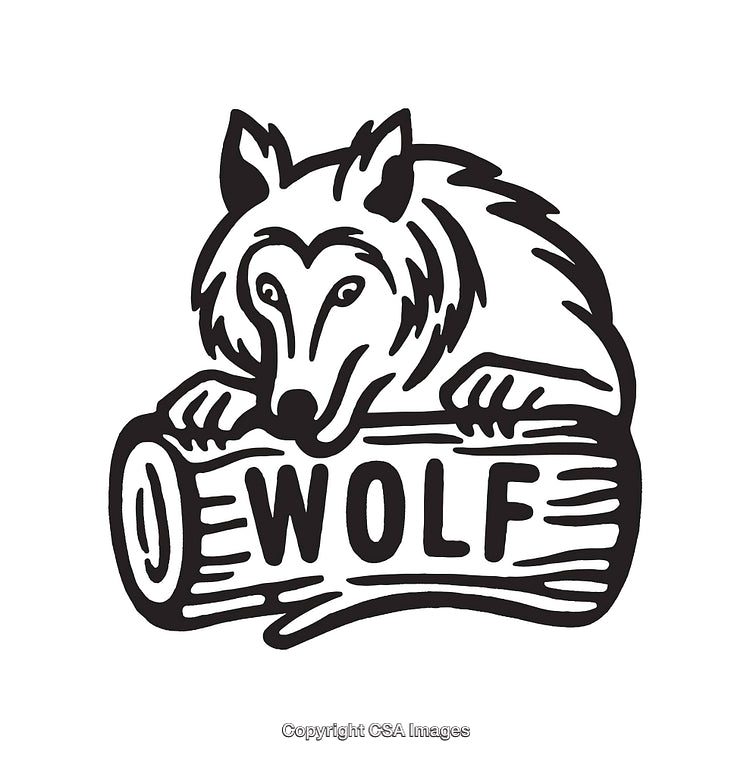 Black and White Line Art Illustration of a Wolf on a Wooden Log