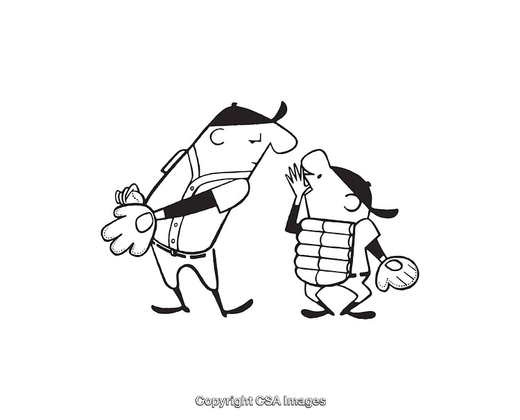 Black and White Line Art of Baseball Players Interacting on Field