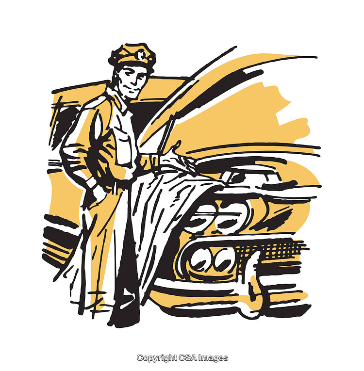 Stylized Illustration of a Mechanic Examining a Vintage Car