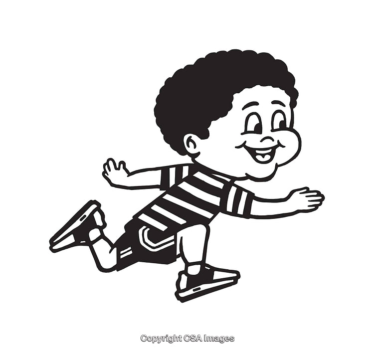 Black and White Line Art Illustration of a Happy Running Child