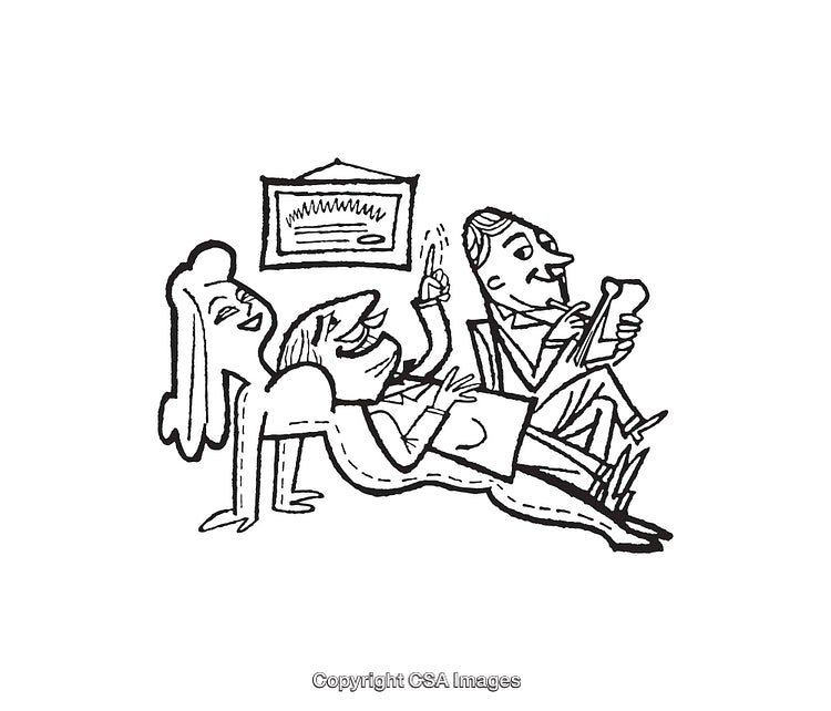Black and White Line Art of Three People Relaxing with a Certification on Wall