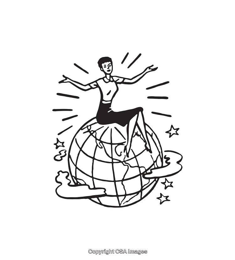 Black and White Line Art of a Woman Sitting on the Earth