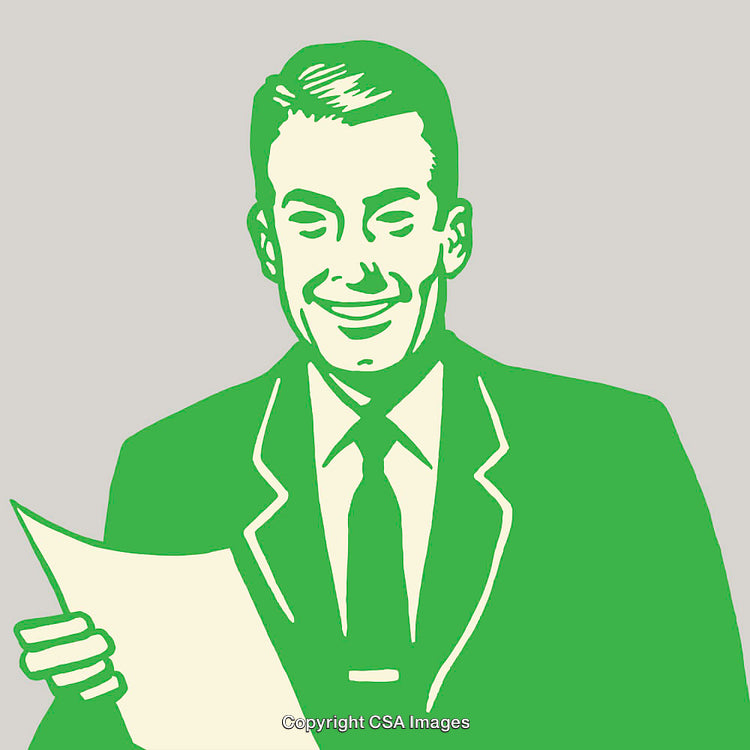 Retro Styled Green Line Art of a Smiling Businessman Holding a Document