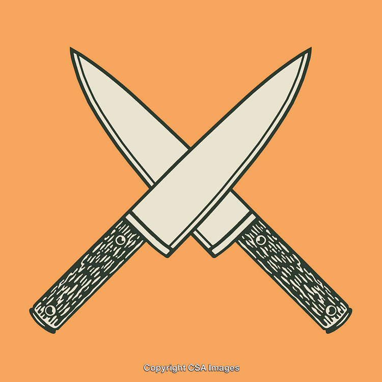 Vintage Line Art of Crossed Knives on Orange Background
