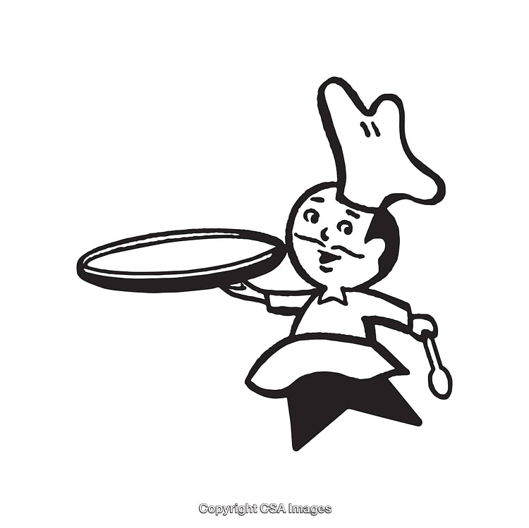 Black and White Chef Illustration Holding Plate and Spoon