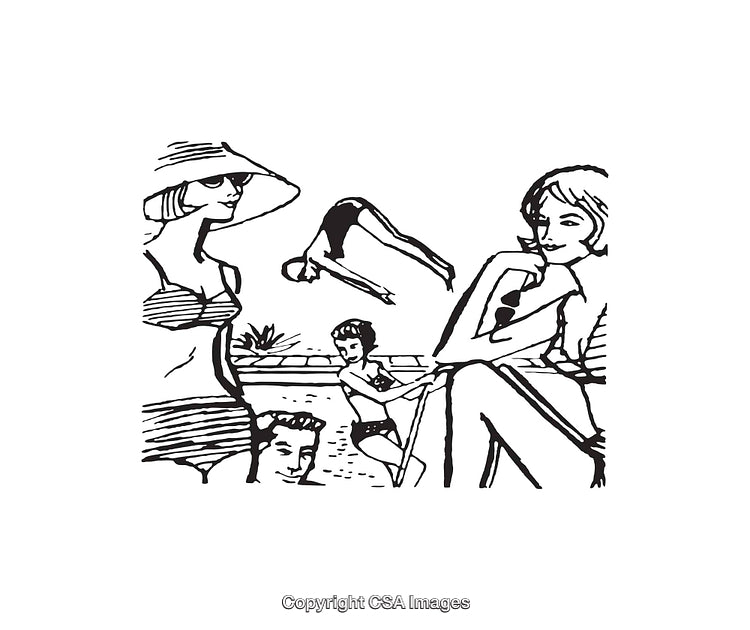 Retro Black and White Illustration of Poolside Relaxation