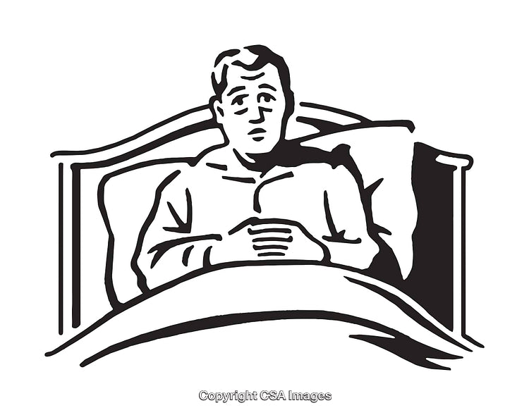 Black and White Illustration of a Person in Bed Looking Pensive