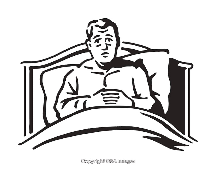 Black and White Illustration of a Person in Bed Looking Pensive