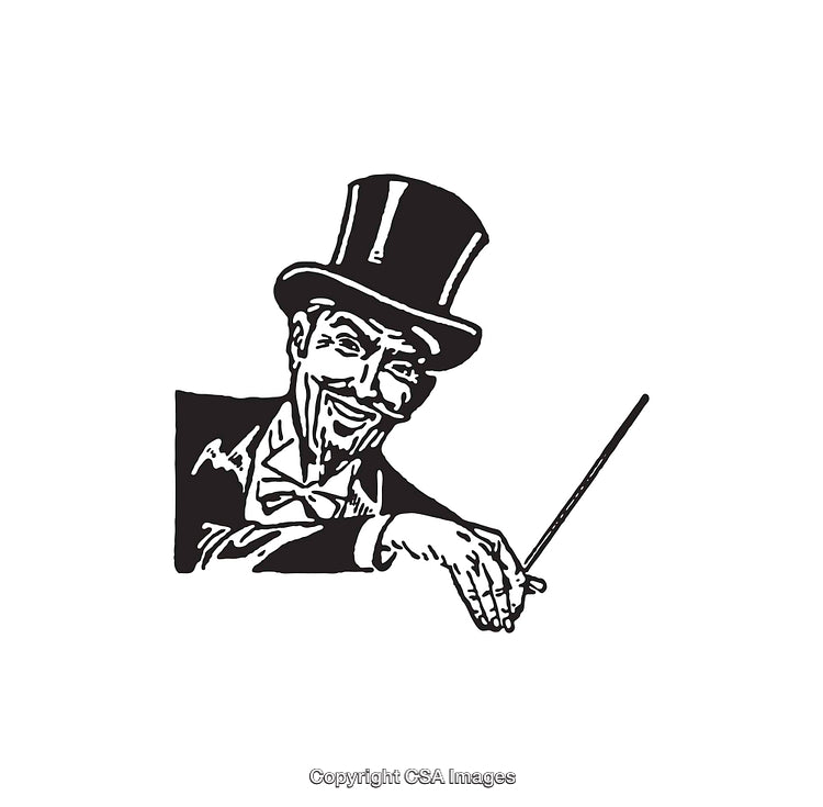 Elegant Top-Hatted Gentleman With Cane in Black and White Line Art