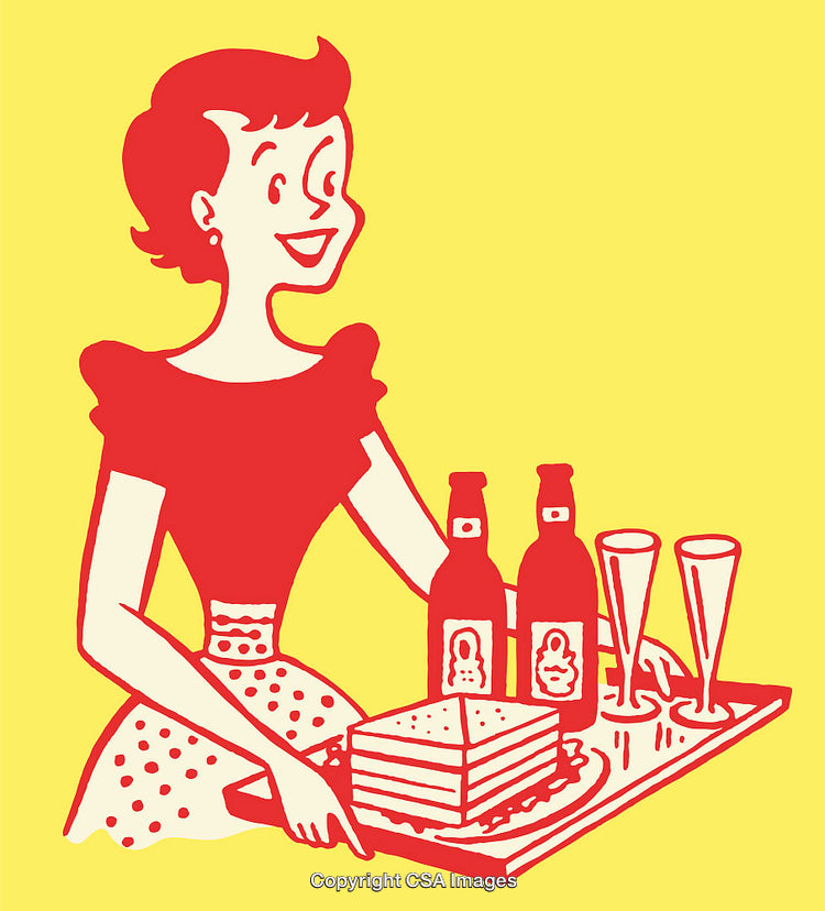 Retro Style Illustration of Woman Serving Cake with Drinks on Tray