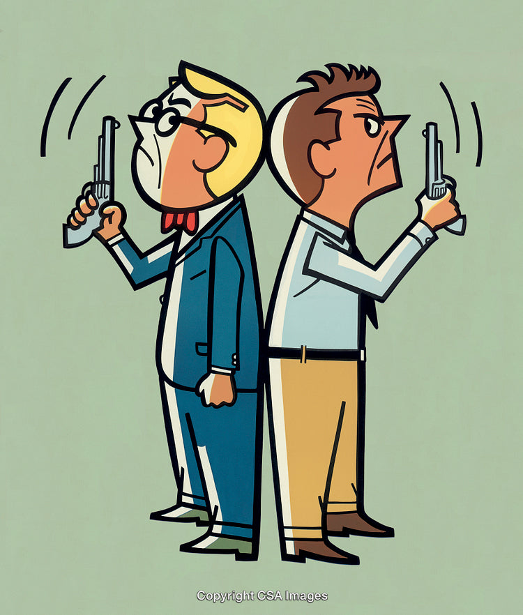 Illustration of Two Men Standing Back-to-Back Holding Pistols