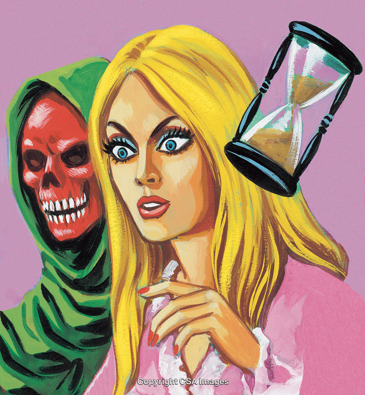 Surreal Illustration Depicting Woman with Grim Reaper and Hourglass