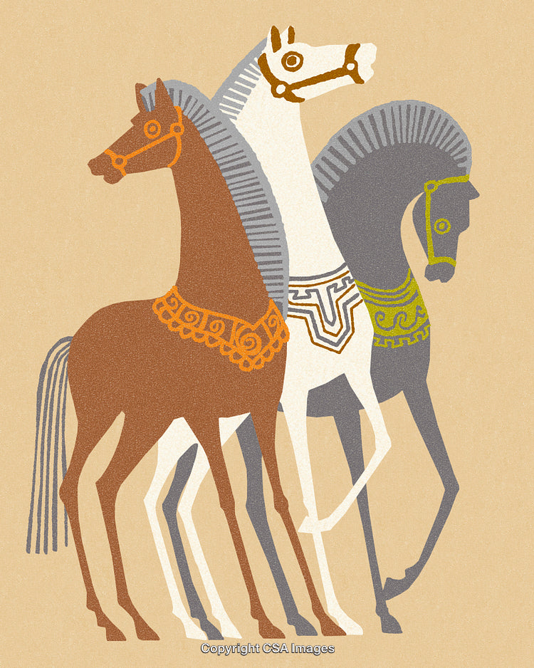 Stylized Trio of Horses in Artistic Decorative Patterned Design