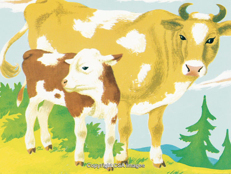 Illustrated Scene of Cow and Calf in a Pastoral Landscape Setting