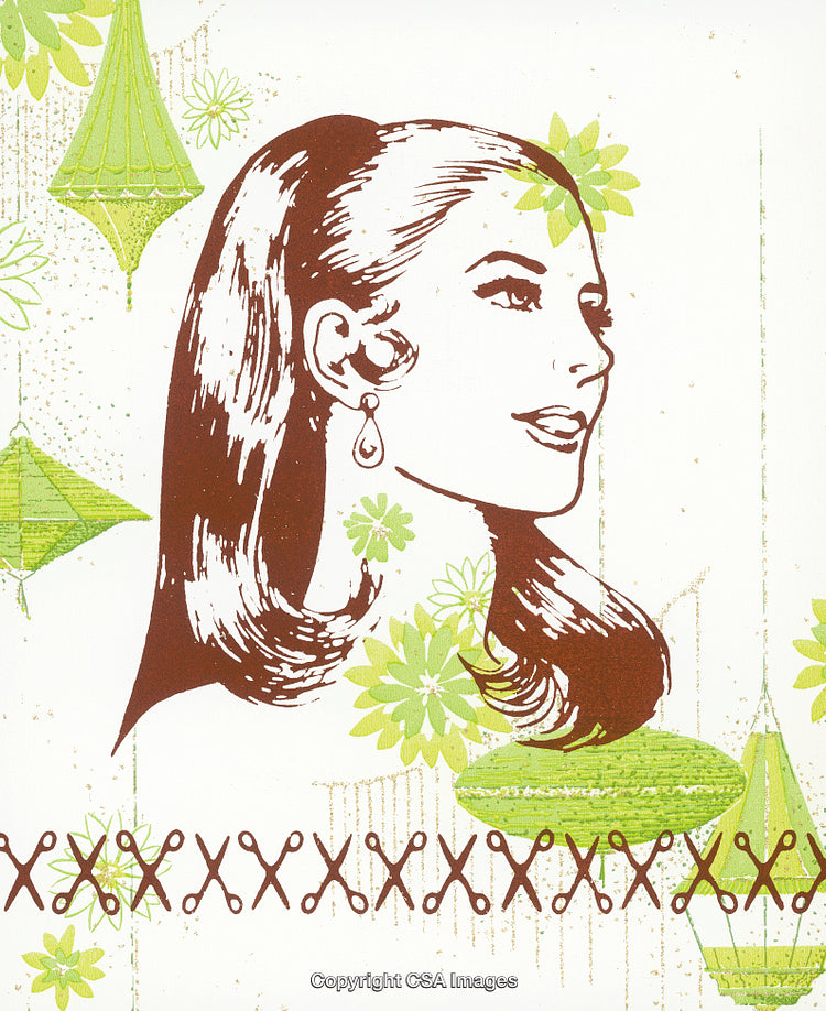 Retro Illustration of a Woman Amidst Green Floral and Geometric Shapes