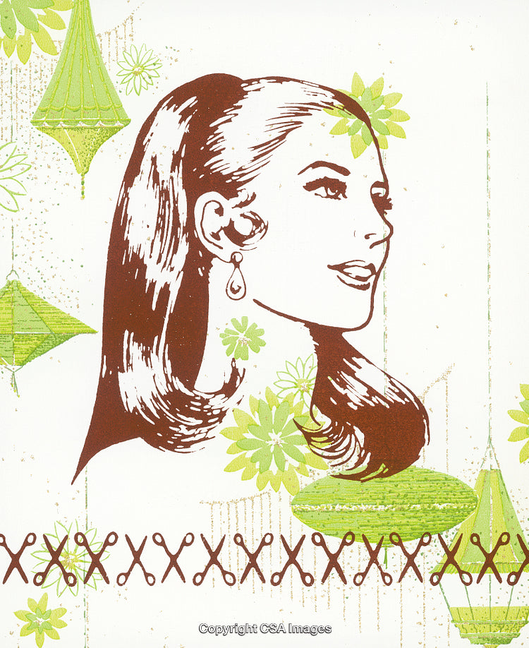 Retro Illustration of a Woman Amidst Green Floral and Geometric Shapes