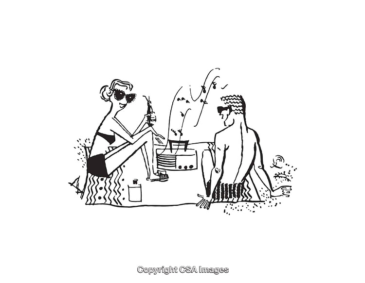 Black and White Illustration of Couple Relaxing Outdoors with Drinks and Music