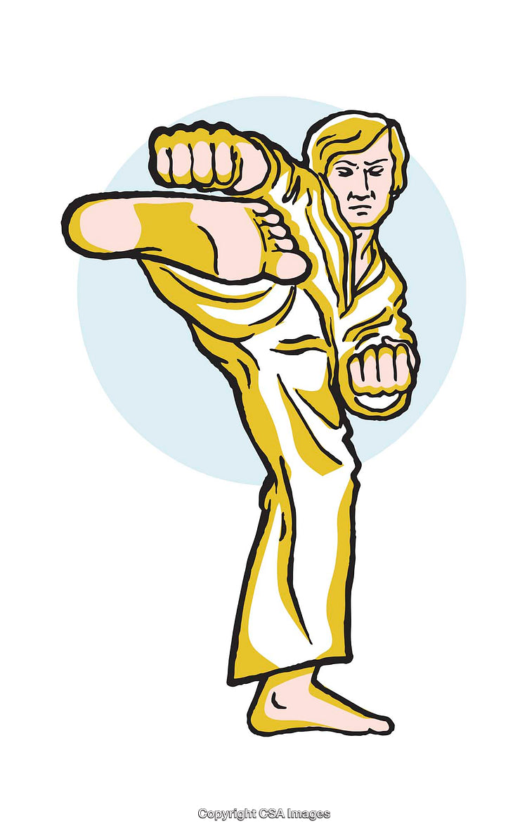 Martial Artist Performing a High Kick in Dynamic Pose Illustration
