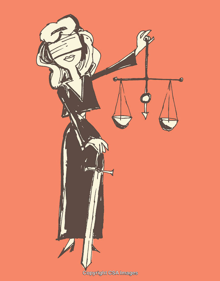 Lady Justice Illustration with Scales and Sword on Salmon Background