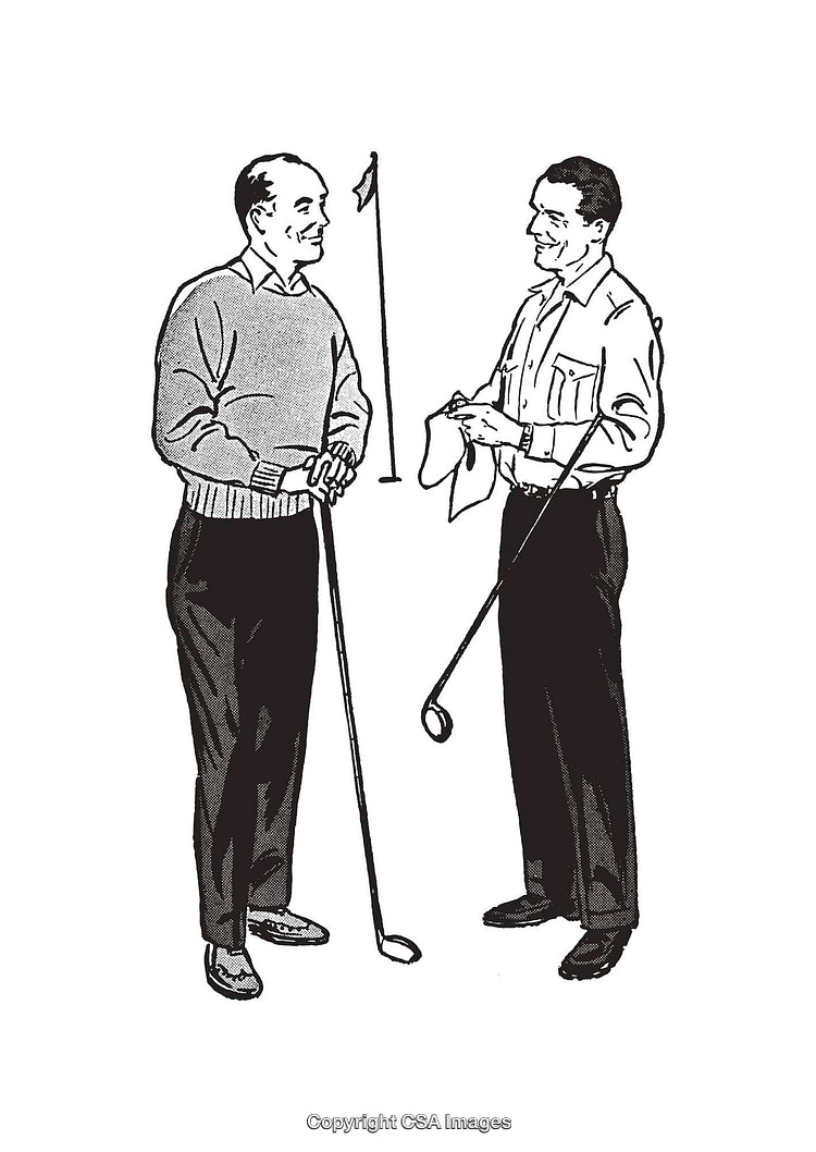 Two Men Conversing with Golf Clubs in a Black and White Illustration