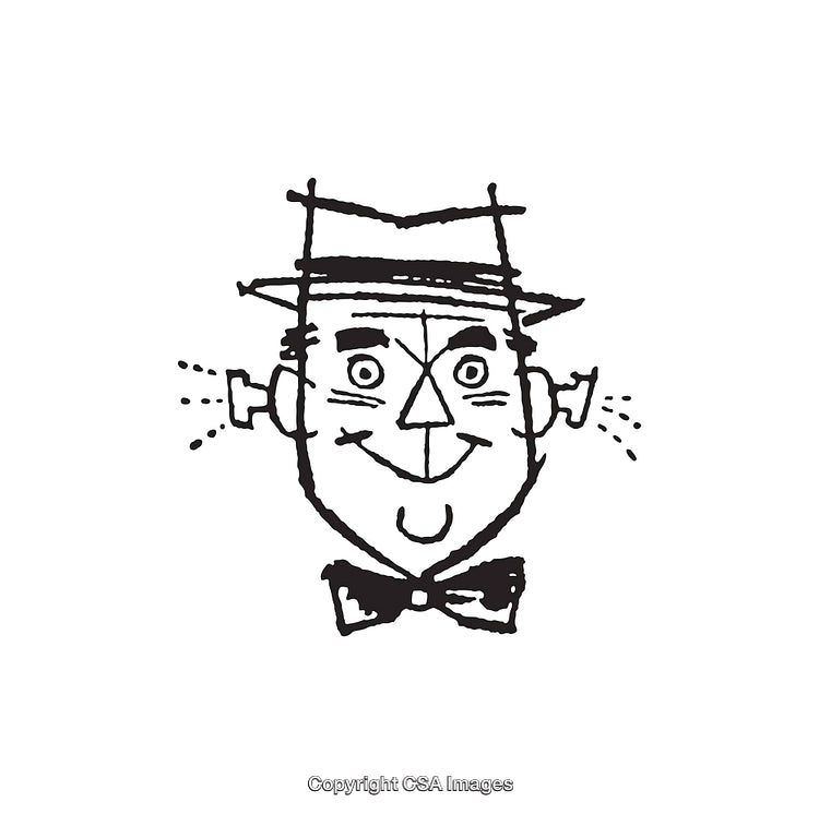 Black and White Cartoon of Smiling Man in Hat and Bow Tie