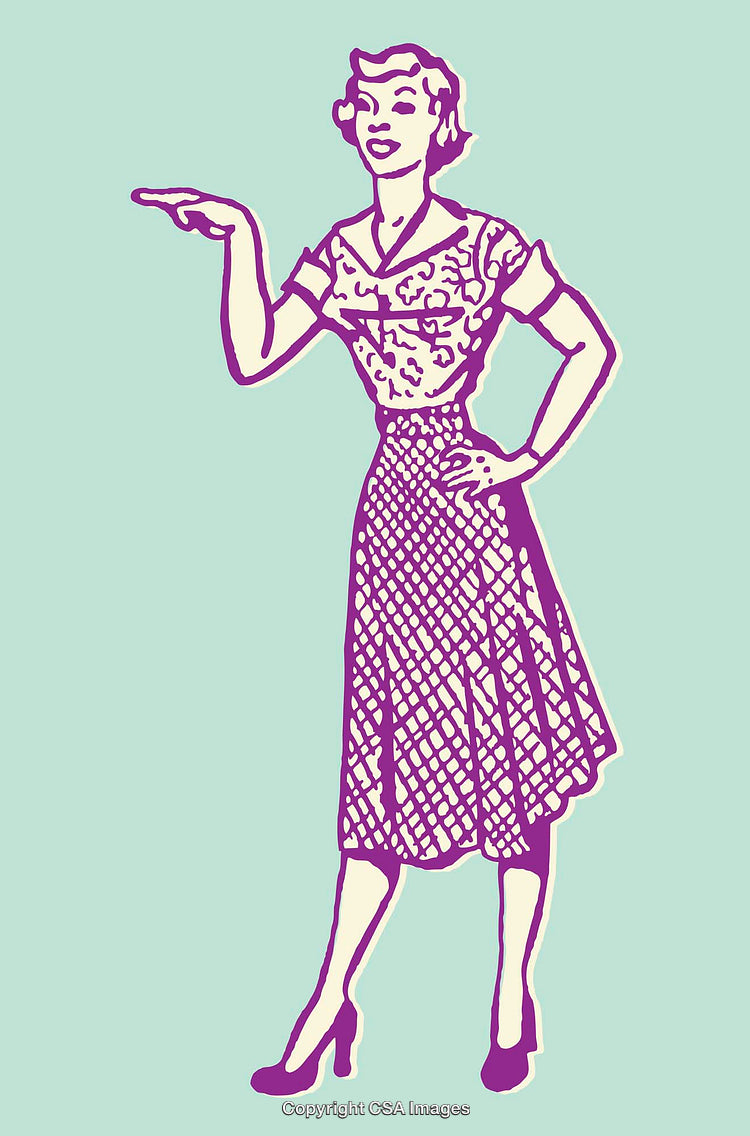 Color Line Art Retro Illustration of Stylish Woman in Vintage Dress