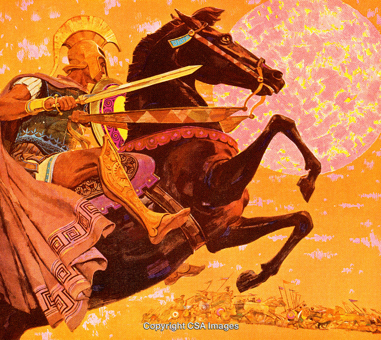 Ancient Warrior Riding Horse with Sunlit Background in Vibrant Artistic Scene