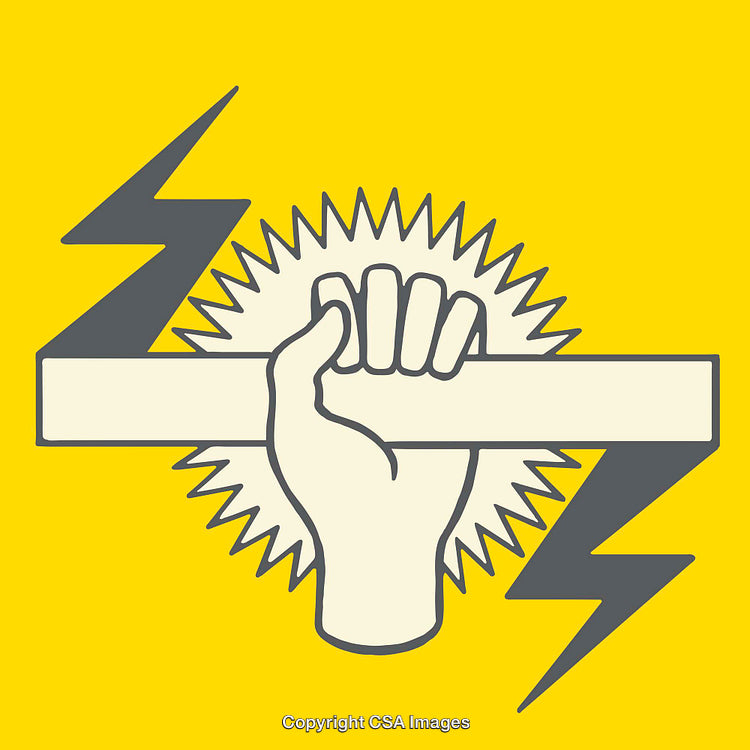 Illustration of Hand Grasping Rod with Lightning Bolts on Yellow Background