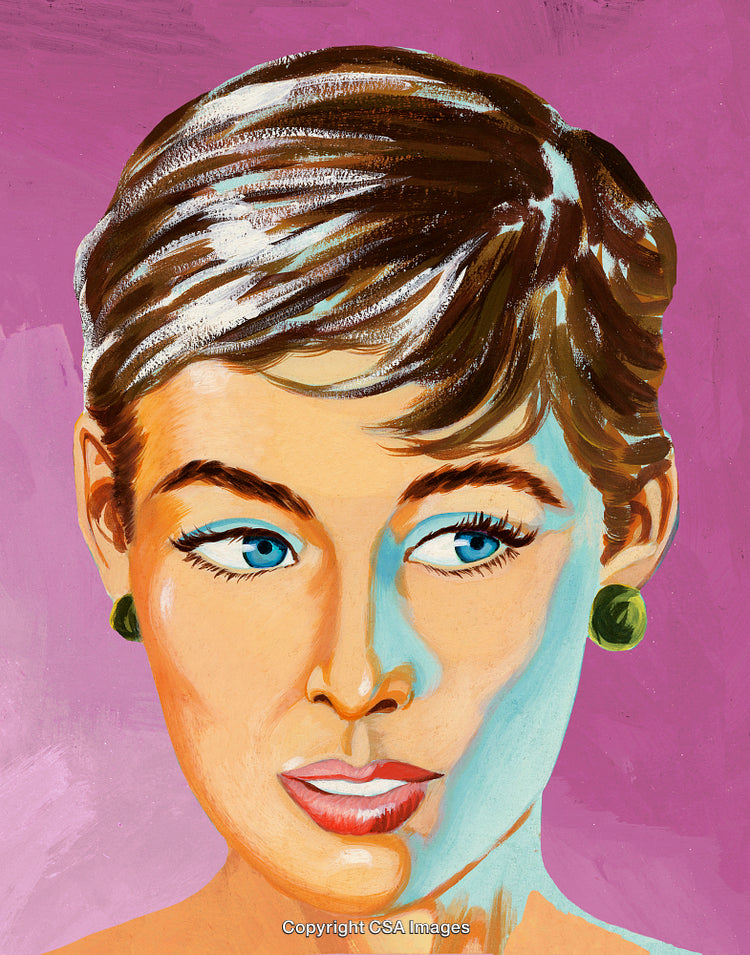 Hand-Painted Portrait of a Woman with Vibrant Colors on Pink Background