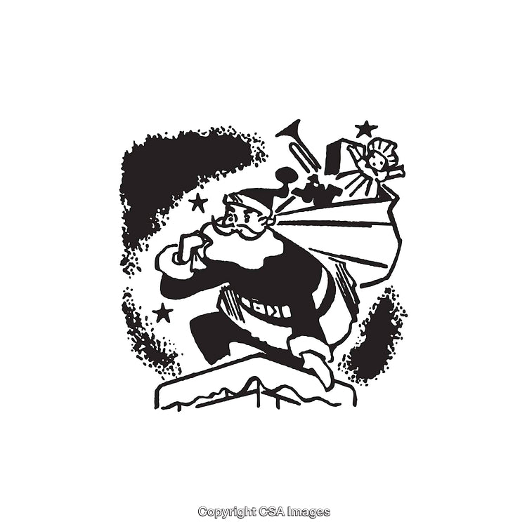 Black And White Line Art Of Santa Claus Carrying A Sack Of Toys