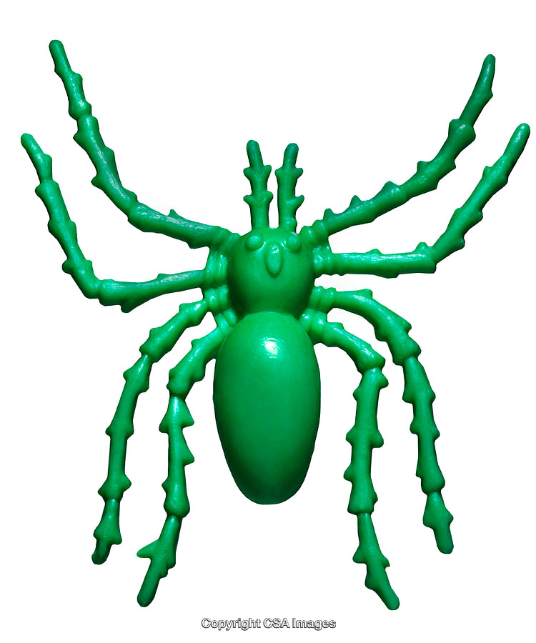 Bright Green Plastic Spider Figurine Against a White Background