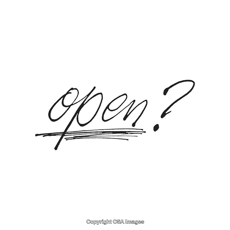 Black Handwritten 'Open?' Text on White Background with Underline and Emphasis